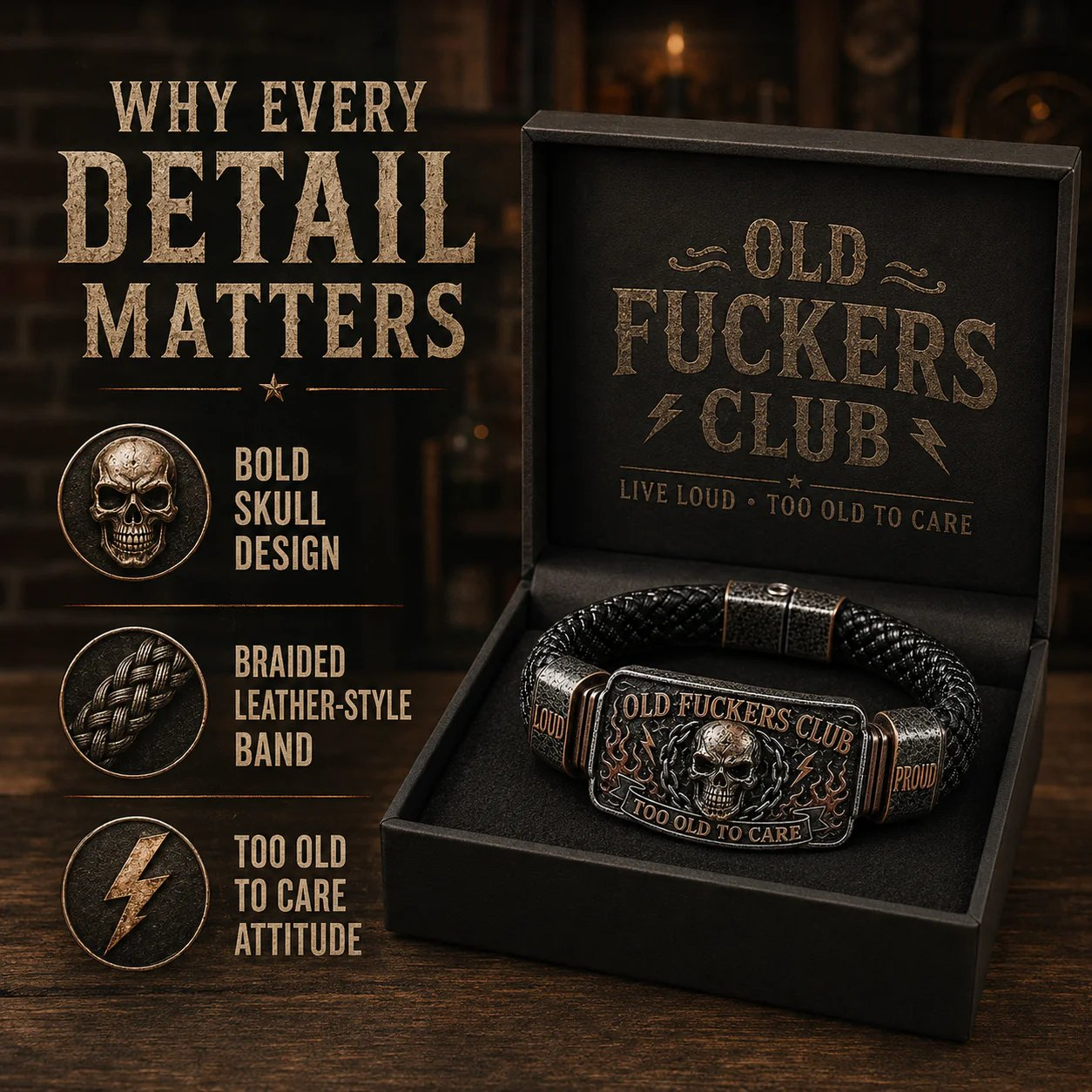 Old Fuckers Club bracelet detail presentation