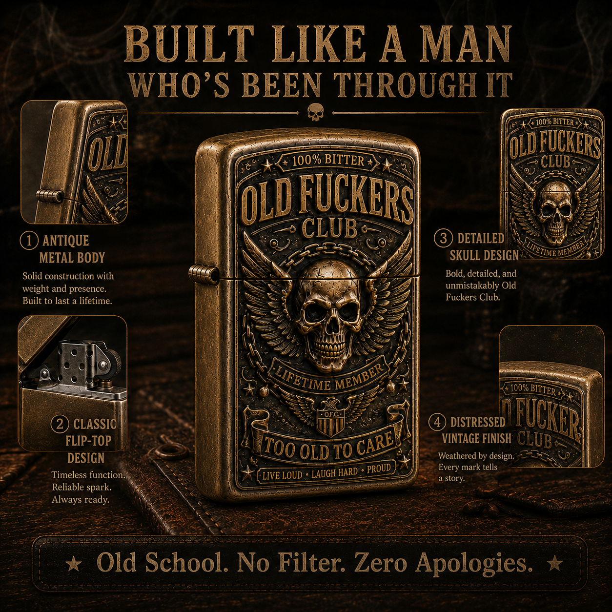 Old Fuckers Club vintage lighter detail presentation